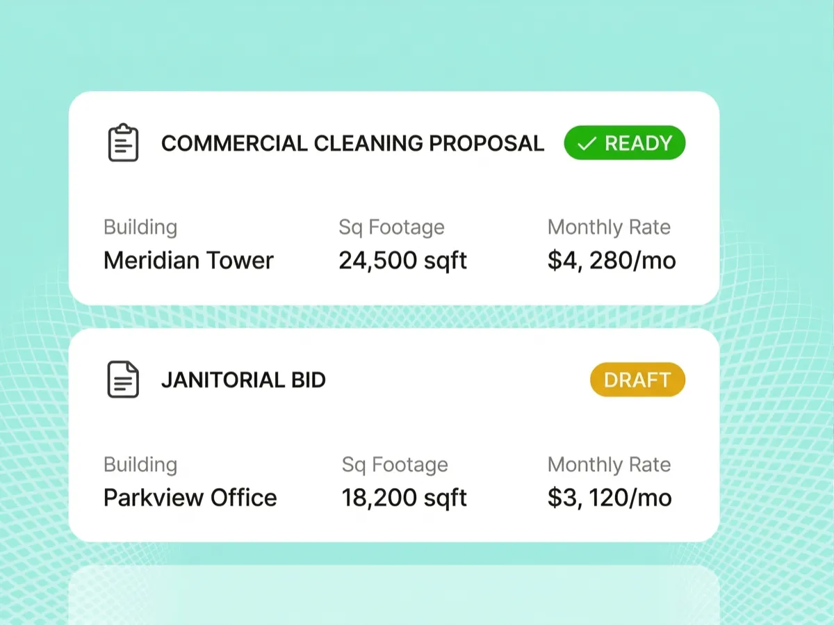 Commercial cleaning proposal and janitorial bid cards showing building details, square footage, and monthly rates